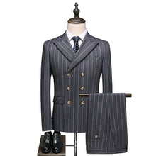 Load image into Gallery viewer, Double Breasted Striped Suit Gary Wedding Suits for Men 3 Pieces Terno Masculino Slim Fit Costume Homme Mariage Business Wear