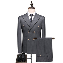 Load image into Gallery viewer, Double Breasted Striped Suit Gary Wedding Suits for Men 3 Pieces Terno Masculino Slim Fit Costume Homme Mariage Business Wear