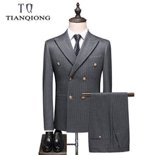 Load image into Gallery viewer, Double Breasted Striped Suit Gary Wedding Suits for Men 3 Pieces Terno Masculino Slim Fit Costume Homme Mariage Business Wear
